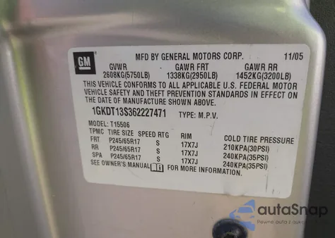 2006 GMC Envoy Slt z USA, uszkodzony, nr VIN 1GKDT13S362227471